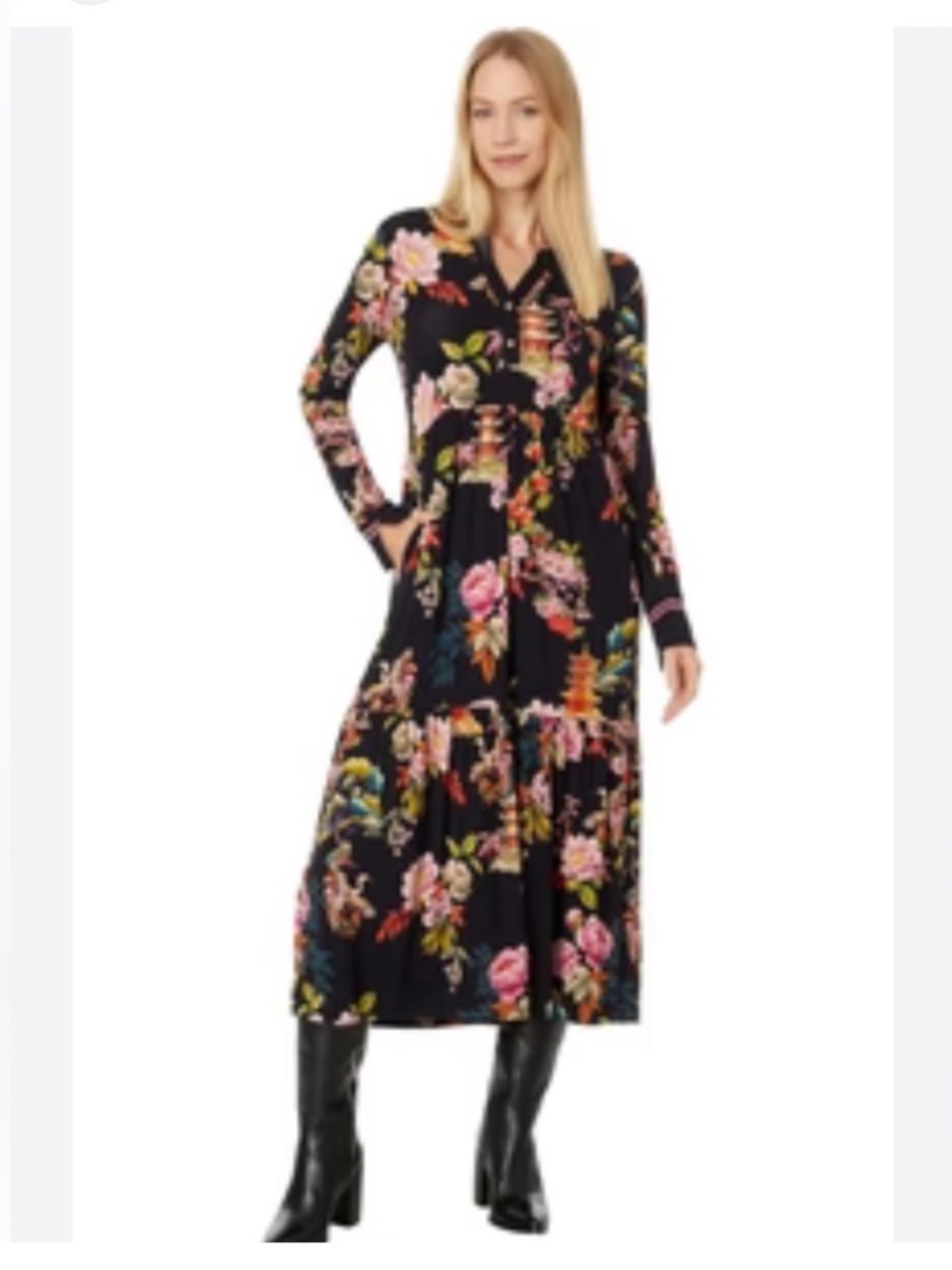 NWT JOHNNY WAS
Janie Floral Print Bamboo Knit Split V-Neck Long Sleeve Dress - Picture 5 of 8